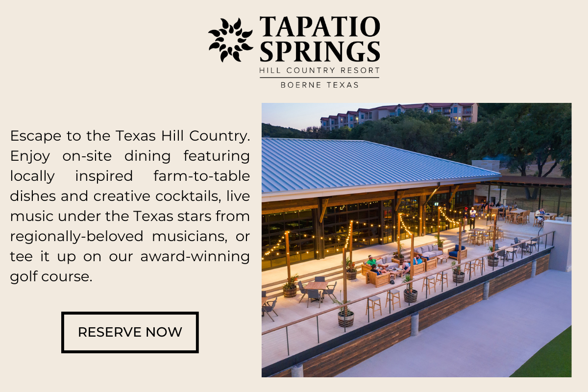 Tapatio Springs Hill Country Resort: escape to the Texas Hill Country. Enjoy on-site dining featuring locally inspired farm-to-table dishes and creative cocktails, live music under the Texas stars from regionally-beloved musicians, or tee it up on our award-winning golf course.