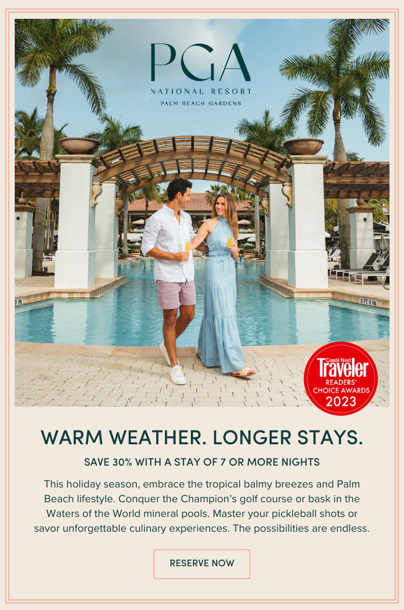 Save 30% with a stay of 7 or more nights: This holiday season, embrace the tropical balmy breezes and Palm Beach lifestyle. Conquer the Champion’s golf course or bask in the Waters of the World mineral pools. Master your pickleball shots or savor unforgettable culinary experiences. The possibilities are endless.