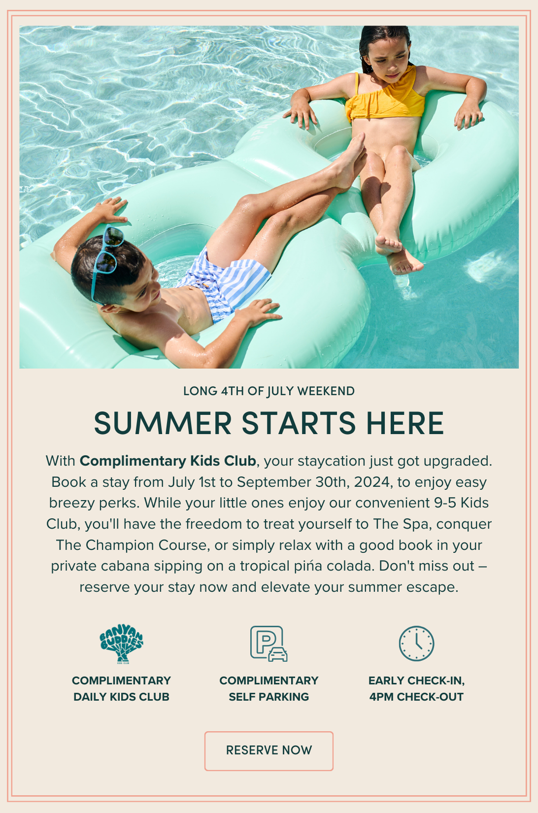 Summer Starts Here: With Complimentary Kids Club, your staycation just got upgraded. Book a stay from July 1st to September 30th, 2024, to enjoy easy breezy perks. While your little ones enjoy our convenient 9-5 Kids Club, you'll have the freedom to treat yourself to The Spa, conquer The Champion Course, or simply relax with a good book in your private cabana sipping on a tropical pińa colada. Don't miss out – reserve your stay now and elevate your summer escape.