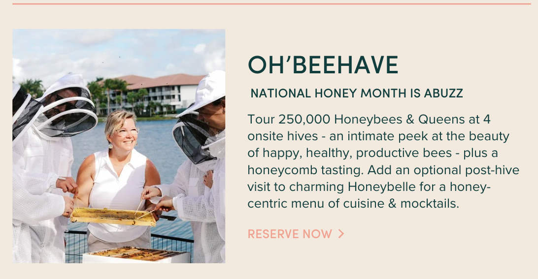 National Honey Month: Tour 250,000 Honeybees & Queens at 4 onsite hives - an intimate peek at the beauty of happy, healthy, productive bees - plus a honeycomb tasting. Add an optional post-hive visit to charming Honeybelle for a honey-centric menu of cuisine & mocktails.